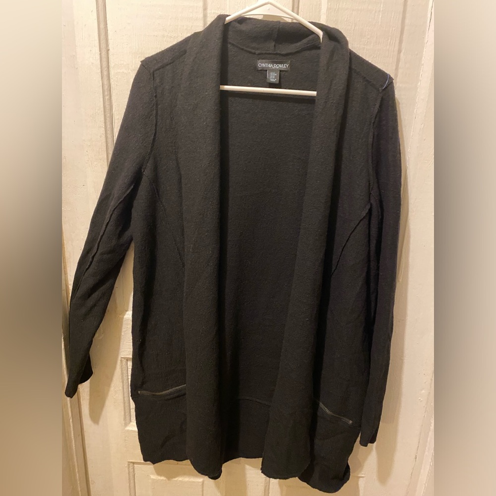 CYNTHIA ROWLEY Black 100% Merino Wool Open Front Cardigan Jacket - Size M